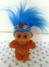 Vintage medium 4.5" Russ troll native American Indian moccasins headdress blue 