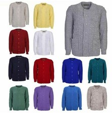Womens Round Neck Aran Cable All Over Knitted Ladies Cardigan 7 Buttons 2 Pocket