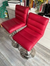 2 x Red Leather Island Stools, Adjustable & Swivel