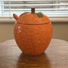 Ceramic hand painted orange design marmalade Pot with Lid and Spoon