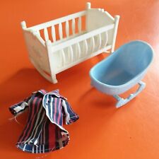 2 Vintage Retro 1970-80s Plastic Dolls House Rocking Baby Crib Bed Cot Shirt Lot