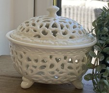Pottery-Cream Filigree Pot & Lid-Similar to Leeds Creamware-Excellent Condition