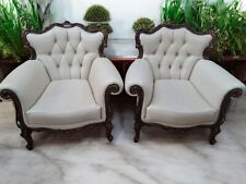 Vintage Pair French Armchairs Leather Louis XV Lounge Chair Chesterfield Chair