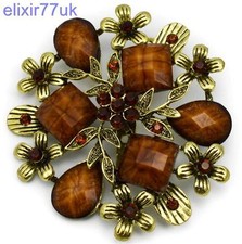 2.56" LARGE BLUE / BROWN BROACH RHINESTONE CRYSTAL FLOWER LEAF BROOCH WEDDING UK