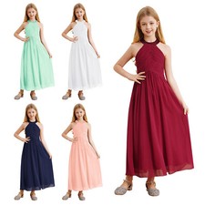 UK Flower Girls Dress Halter Sleeveless  Maxi Gown Wedding Bridesmaid Dress