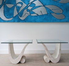 Striking Pair of Vintage Mactan Stone & Glass Side Tables / Coffee Tables