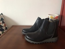 Fly London Black Leather Chelsea Biker Ankle Boots, Wedged, Size UK 8 EU 41