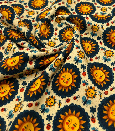 Folk art sun faces print - faces,