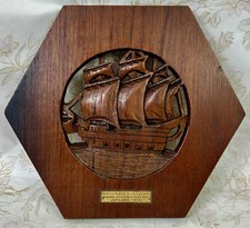 HMS Iron Duke Carved Sailing Ship Teak Tablet, WWI Battle of Jutland, 1916