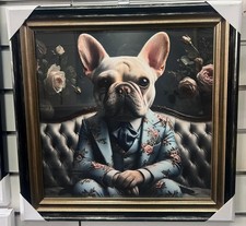 French bulldog sitting on couch with suit quirky picture black & gold step frame