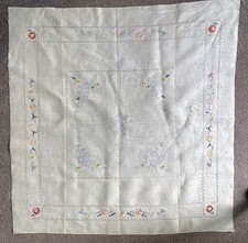 Vintage Cream Linen Transfer Printed Embroidery Table Cloth, Started, with silks