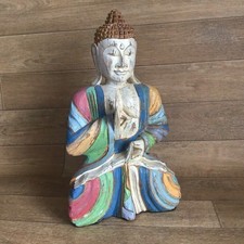 Budda Large Wooden Hand Carved Statue Whitewash 40cm / 16" Height Praying Decor