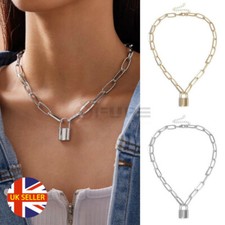 Solid Stainless Steel Padlock Charm Pendant Paperclip Link Alloy Chain Necklace