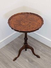 Antique burr walnut pie crust wine table with tripod base, late 19th century