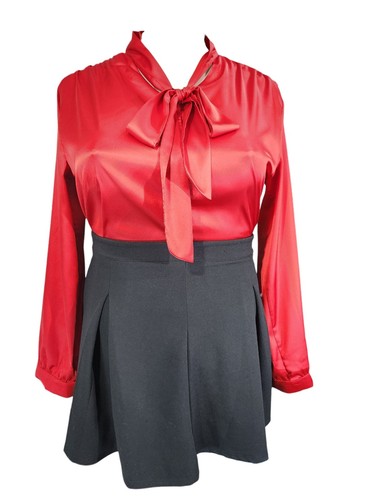 Red fluid satin button front