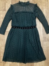 Topshop Women’s Dark Green Lace Mesh Star Print Plisse Shift Dress UK12 121