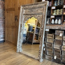Large Vintage Indian Carved Archway Mirror - Decorative Wooden Carved Arch