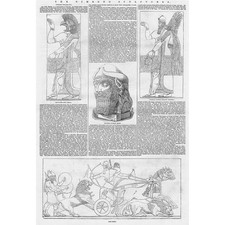The Nimrud Sculptures, Lion Hunt, Hawk Head - Antique Print 1847