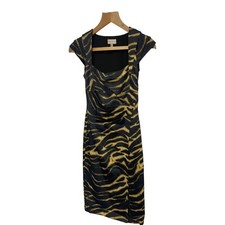 Karen Millen Dress Animal Print Black Gold Box Neck Cap Sleeve Knee Size 10 