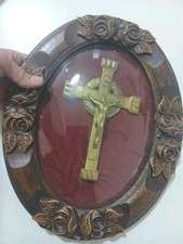 Antique Convex Glass Dome Crucifix Cross Oval Wooden Craved Frame Red Velvet