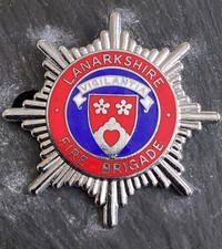 OBSOLETE ORIGINAL LANARKSHIRE Scottish FIRE BRIGADE  CAP BADGE. CHROME VARIANT