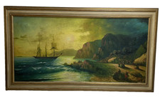 Vintage Large Oil / Acrylic Painting On Canvas Nautical Seascape Framed 24"x45"