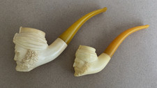 2 x VINTAGE CARVED TURKS HEAD MEERSCHAUM PIPE amber stem large and small