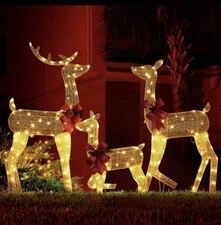 3pcsLighted Christmas Reindeer Decoration 2D Xmas Deer Family Set Golden