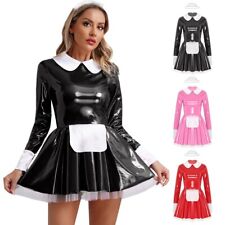 UK Women Uniform Tulle Dress w/Headbands Apron Patent Leather Maid Themed Party