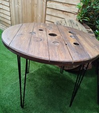 Great**Round Industrial Cable Reel Garden Table Rustic on Hairpin Legs (120cm)