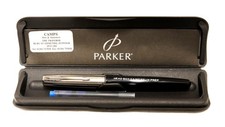 Parker Frontier Fountain Pen : Stainless Lid, Black Barrel with Case & Cartridge