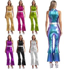 UK Women Bodysuit 70s Disco Shiny Metallic Flared Jumpsuit Dance Singer Costume 