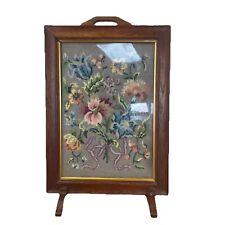 Antique Fire Screen Needle Craft Floral Design Wooden Frame Fireplace Decor