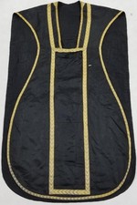 Vintage Black Chasuble with Gold Chevron Trim & Embroidered IHS Monogram 108x66c