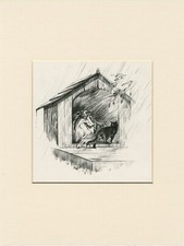 COLLIE & BLACK CAT SHELTER FROM RAIN OLD 1934 MOUNTED DOG PRINT by PERSIS KIRMSE