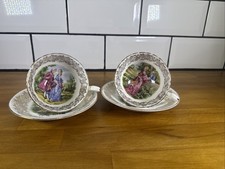 Vintage English Bone China Cup & Saucer Courting Couple Scene Gold Filigree X2