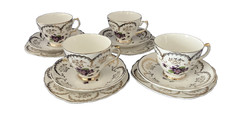 Dresden Cup Saucer Side Plate Twelve Piece Set Purple Flower  - FREE POSTAGE