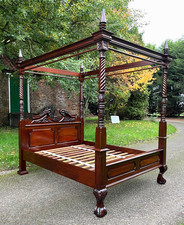 Vintage Solid Mahogany Chippendale Style Four Poster King Bed – With Rail Canopy