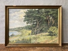 Oil painting impressionist coastal landscape with trees beach shore KH monogram