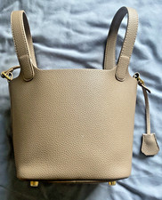 Ladies Faux Leather Dark Beige Luxury Look Bucket BAG Padlock Trim Handbag