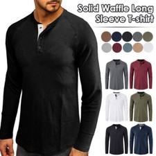 Henley T-shirt Casual Solid Slim Fit Button Pullover Sleeve Long Tops Tunic Mens