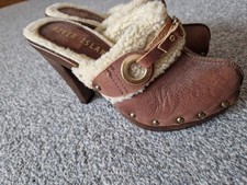 River Island Brown Leather Shearling Fur High Heel Clogs Size 4 BNWT