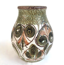 BOURNE DENBY STONEWARE GREEN BROWN PATTERNED GLYN COLLEDGE VASE 18cm x 14cm