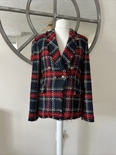 Zara Plaid Tartan Check Red Blue Textured Blazer Jacket Size Medium M Uk 10 12