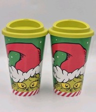 The Grinch Travel Cup Bundle X2 Dr Seuss Plastic 6" Christmas Beakers With Lids