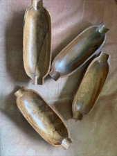 Vintage Corn On The Cob Sweetcorn Holders Wooden Set 4 Hand Carve Bowl Tray Wood