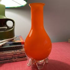 Vintage bright Orange retro glass vase bulb shape with feet