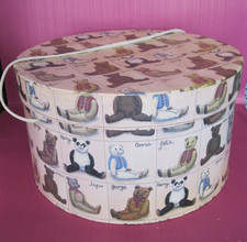 Large Round Hat Box, Storage & Lid 32 x 17cm Teddy Bears, cardboard + carry cord