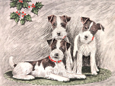 Vtg Wire Fox Terrier Dog Puppy Puppies Christmas 1940's Greeting Card (EB9233)
