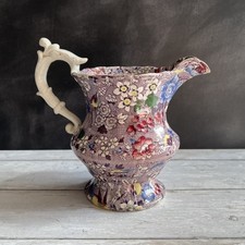 Antique Chintz Pitcher Purple Transferware Jug Floral Birds English Circa 1830